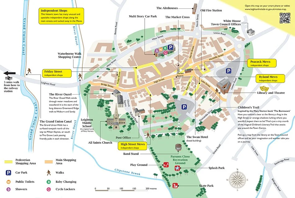 Map of a town showing landmarks such as a waterborne walk shopping center, Leighton Middle School, All Saints Church, and the Swan Hotel. Highlights include independent shops on Friday Street, High Street, Peacock Mews, Ryland Mews, and a band stand. Public facilities like car parks, public toilets, and cycle lockers are marked. Streets, parks, a children's trail, skate park, splash park, and pedestrian shopping areas are also shown.