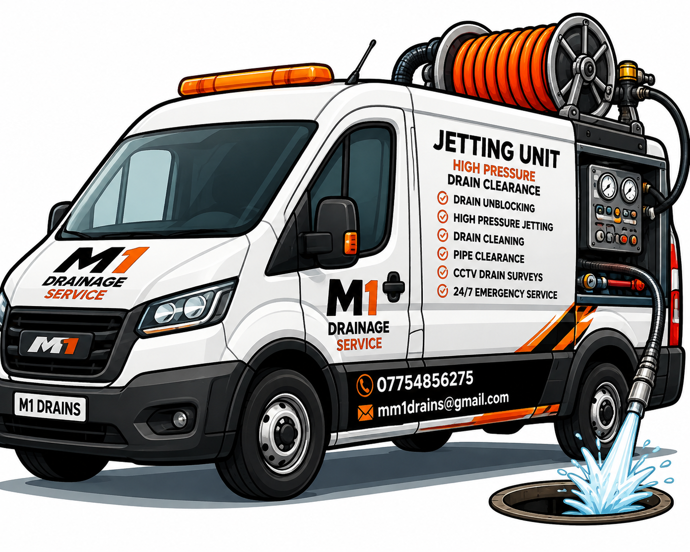 Illustration of a white drainage service van with equipment on top, including a hose and a reel, and water draining into a manhole. The van's side has service details, contact information, and a list of drain cleaning services offered.