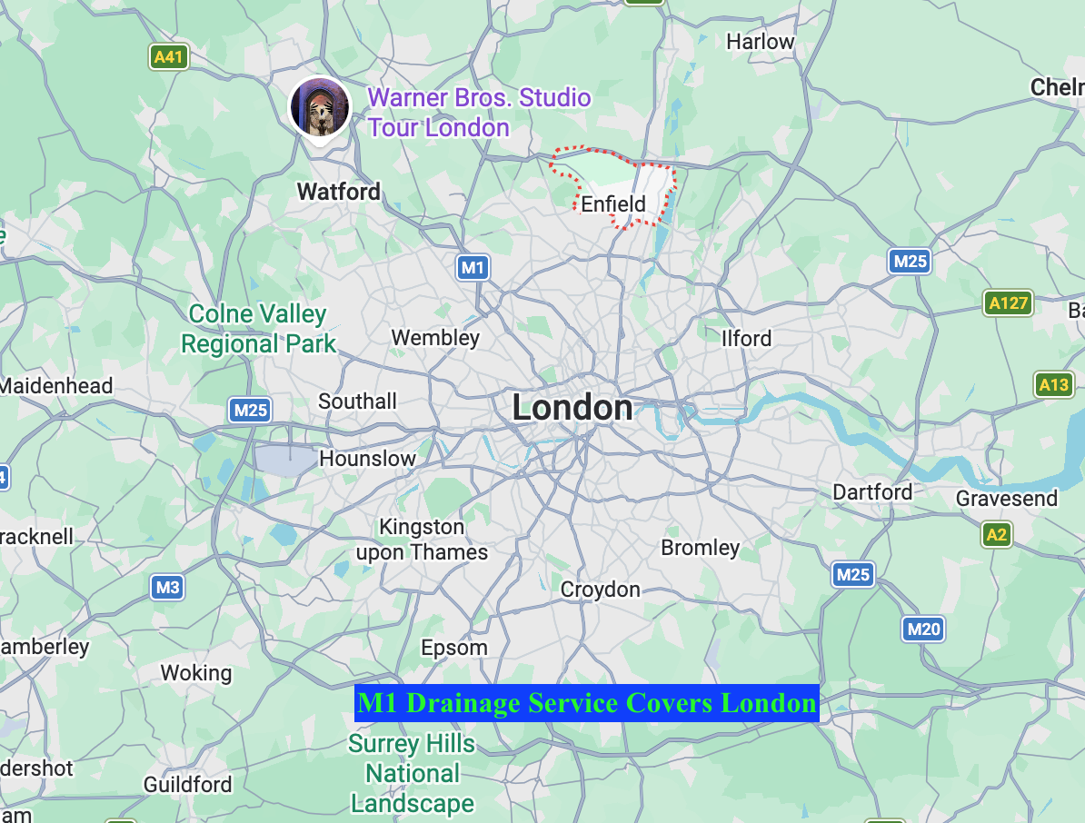 Map of London showing surrounding areas and roads, with a label at the bottom in a blue box that reads 'M1 Drainage Service Covers London' and an icon indicating a service location north of the city.