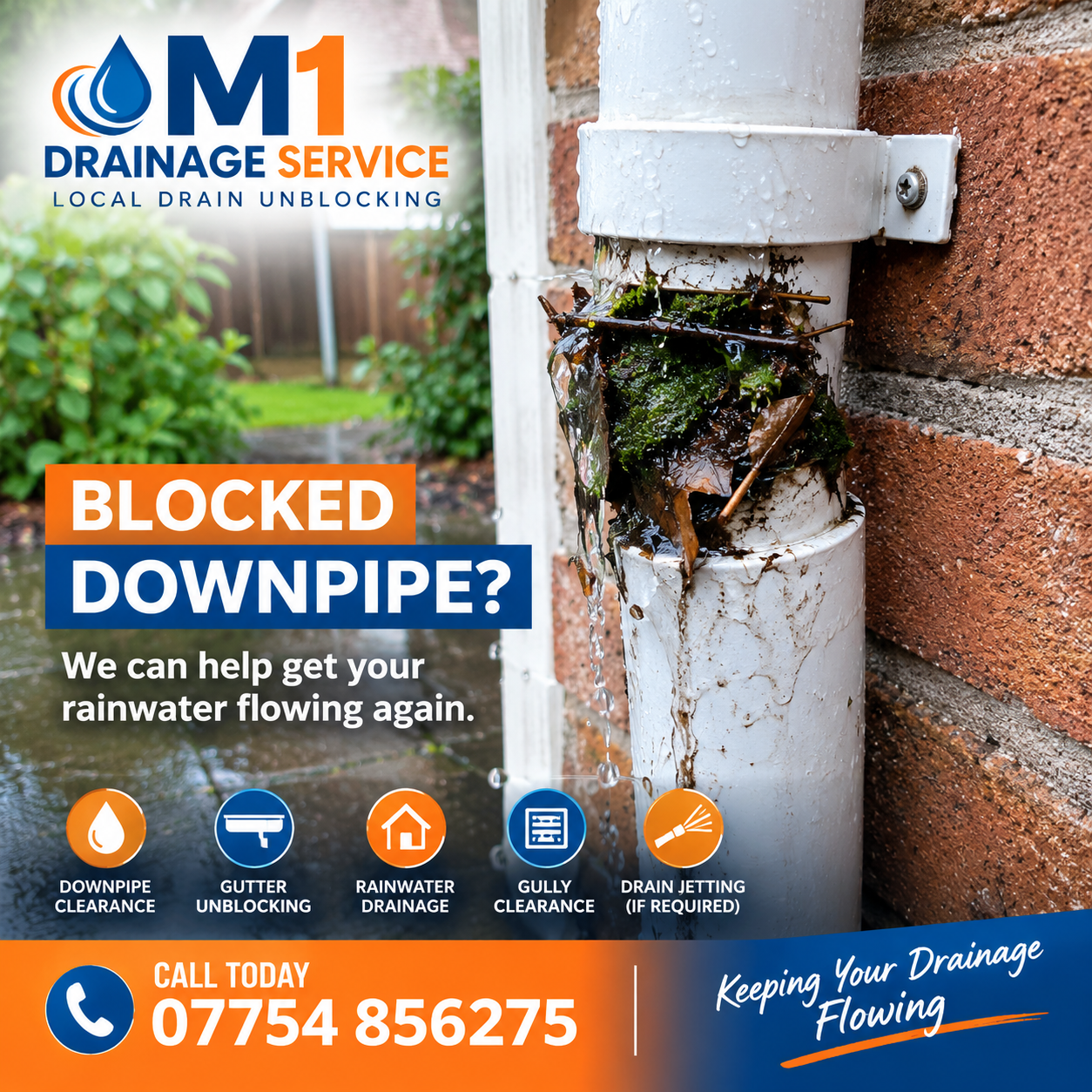 A clogged downpipe with leaves and debris, advertising M1 Drainage Service for unblocking drains, gutter clearing, rainwater drainage, gully clearing, and drain jetting, with a contact phone number.