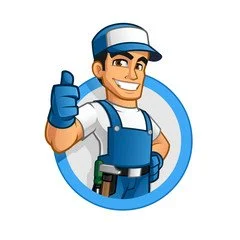 A cartoon plumber giving a thumbs-up, wearing a blue cap and overalls, with plumbing tools.