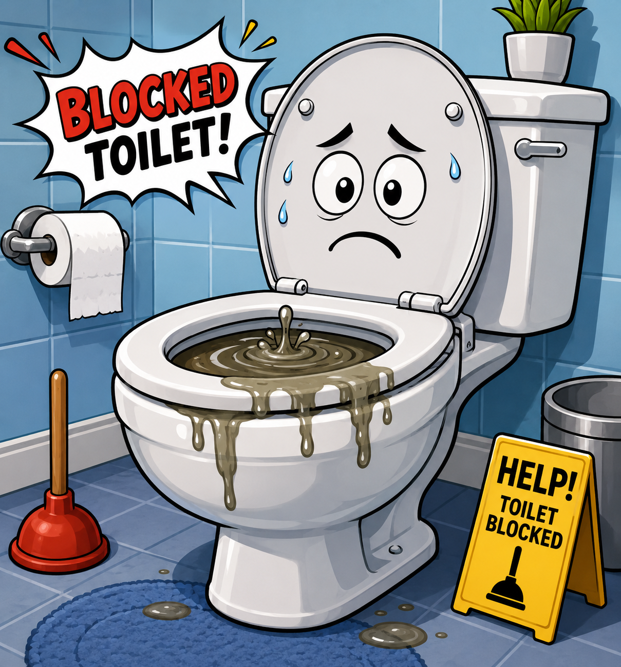 A cartoon illustration of a toilet with overflowing, brown, muddy water and a sad face on the lid, indicating a blockage. A yellow sign reads "Help! Toilet Blocked" and a red plunger and toilet paper are nearby. There is a speech bubble saying "Blocked Toilet!" and a small potted plant is on top of the toilet tank.