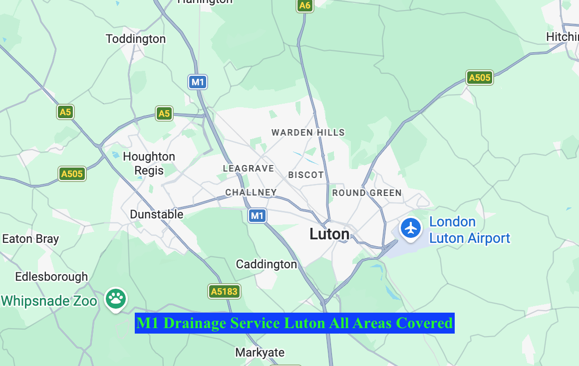 Map of Luton, England, showing surrounding areas, with labels for roads, neighborhoods, and landmarks such as Luton Airport and Whipsnade Zoo. A blue banner at the bottom states, 'M1 Drainage Service Luton All Areas Covered'.