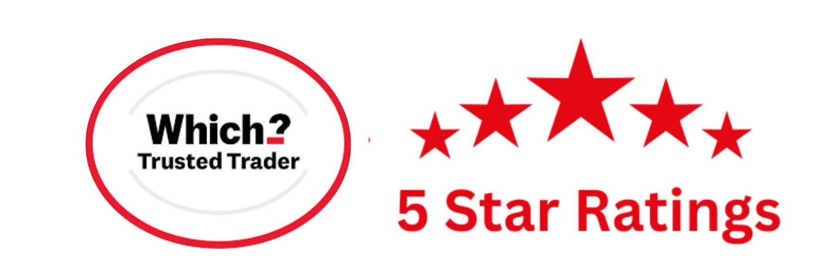 Logo with five red stars above the words "5 Star Ratings" and a circular badge with the text "Which? Trusted Trader."