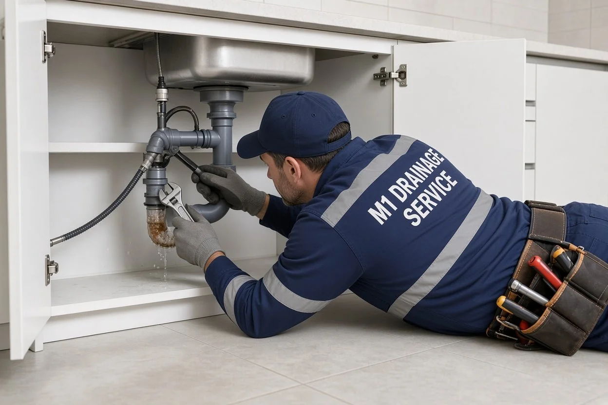 Plumber working on plumbing under a sink, lying on the floor wearing a uniform with 'M1 Drainage Service' on the back, tools in a pouch on his waist.
