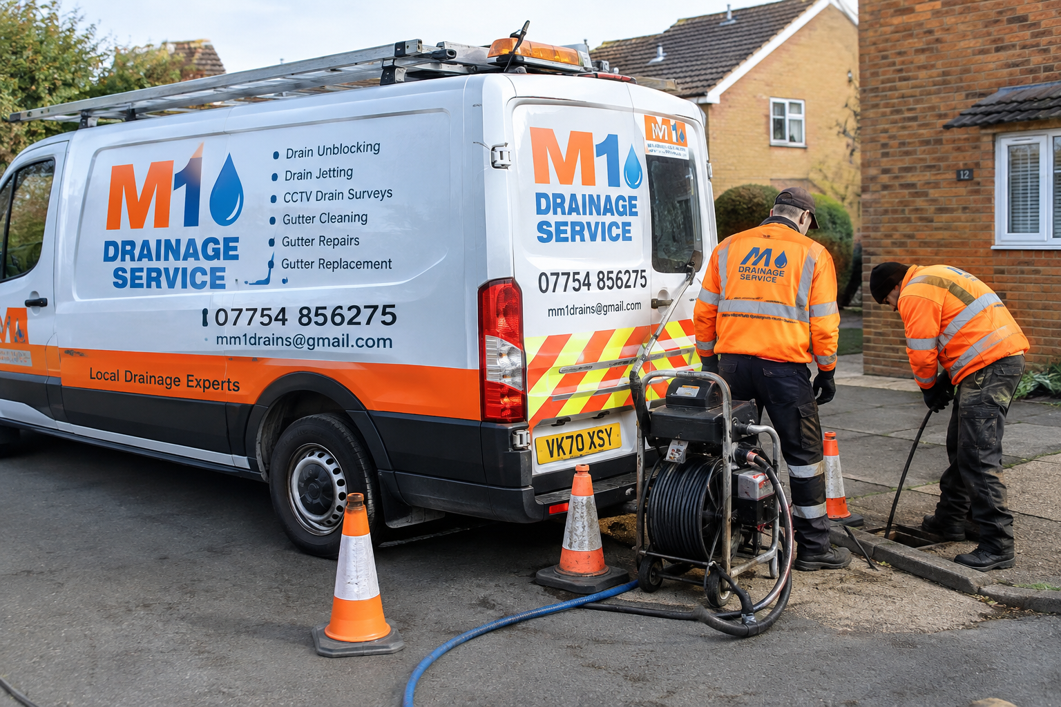 Workers in orange safety jackets repairing a storm drain on a residential street, with a branded drainage service van parked nearby and traffic cones around the work area.