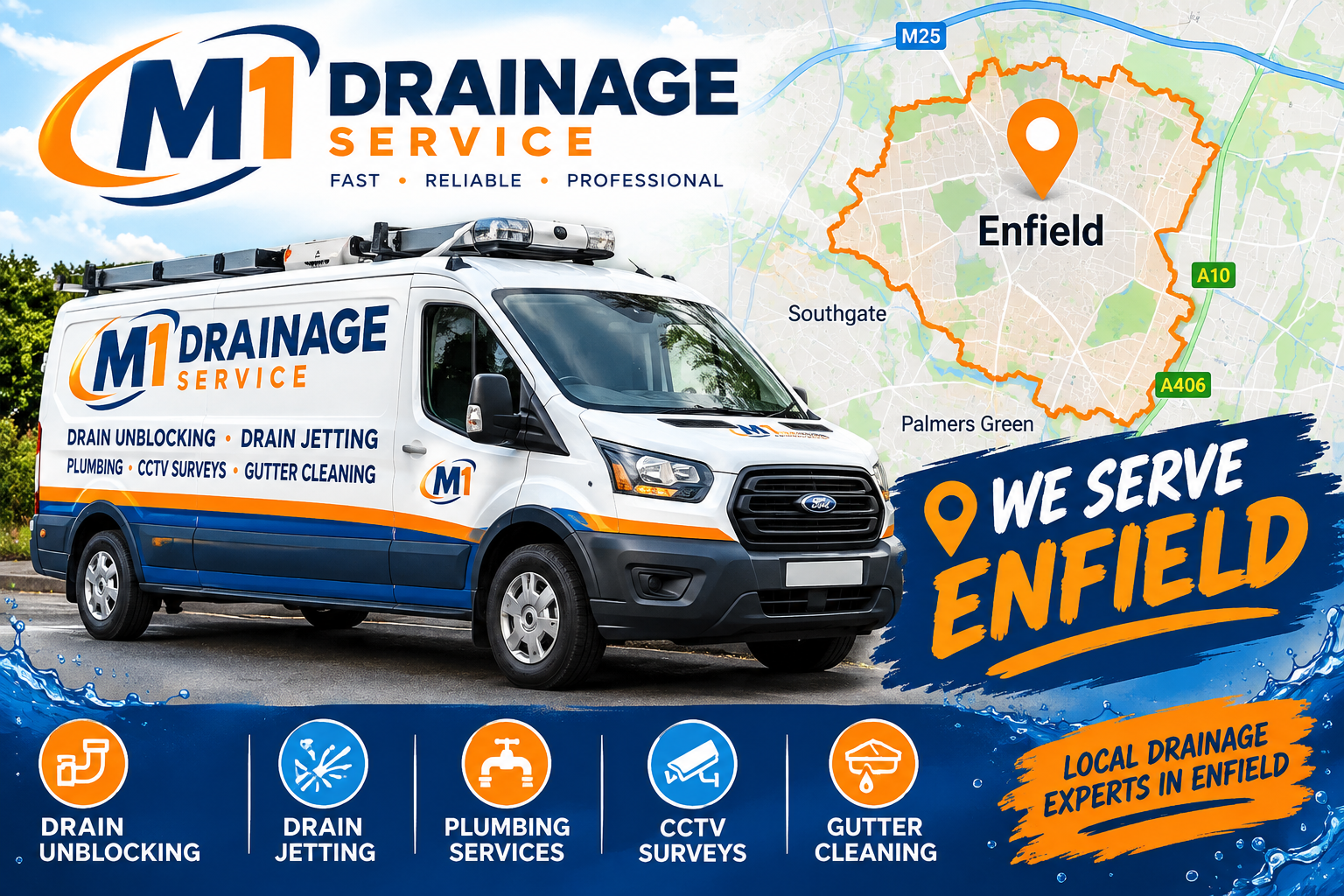 A white service van with the M1 Drainage Service logo and services listed, parked outdoors with trees in the background. A map shows Enfield, outlined in orange, with a marker indicating the location. Text emphasizes the company's services and local expertise in Enfield.