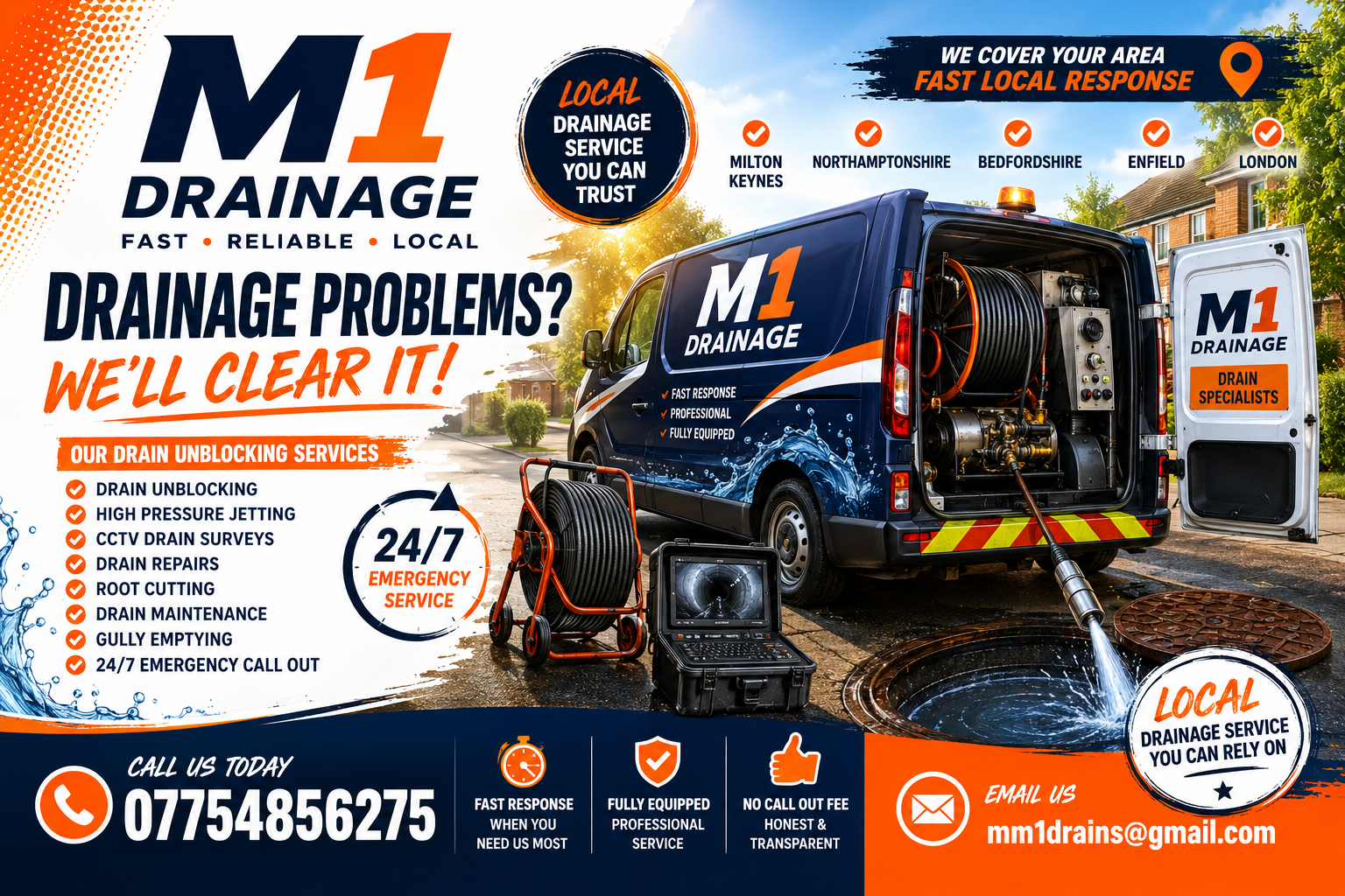 A colorful outdoor advertisement for M1 Drainage services featuring a work van with open doors, a professional drainage machine, and text highlighting services like drain unblocking, CCTV surveys, and emergency service, including contact information.