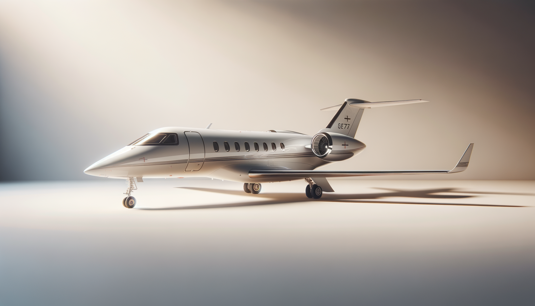 A sleek, white private jet with a modern design, parked indoors with a soft shadow on the floor.