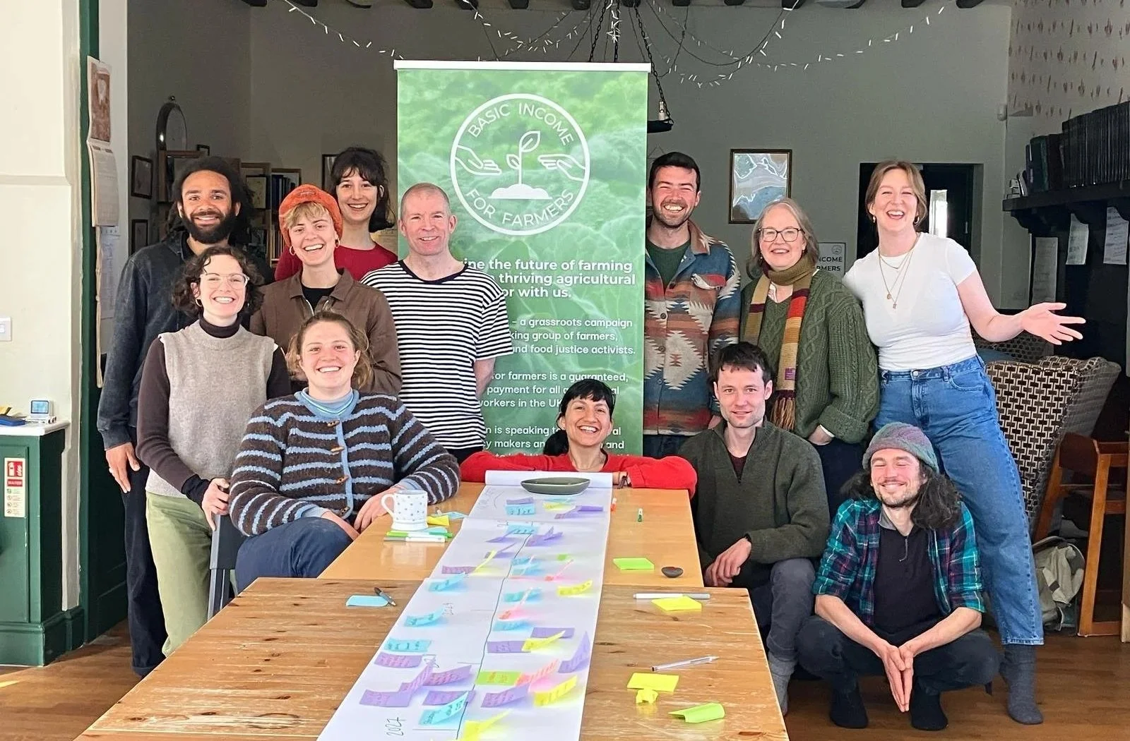 The Basic Income 4 Farmers team gathered around a table covered in sticky notes at a strategy workshop, with the campaign's green rollup banner visible behind them.