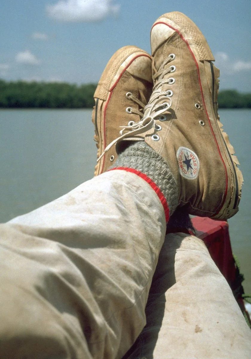  Critical expedition gear. Cheap Converse canvas shoes. Worn since I was ten, canoeing the rivers of North America. You might get a month or two out of a pair. ©RYP, all rights reserved.