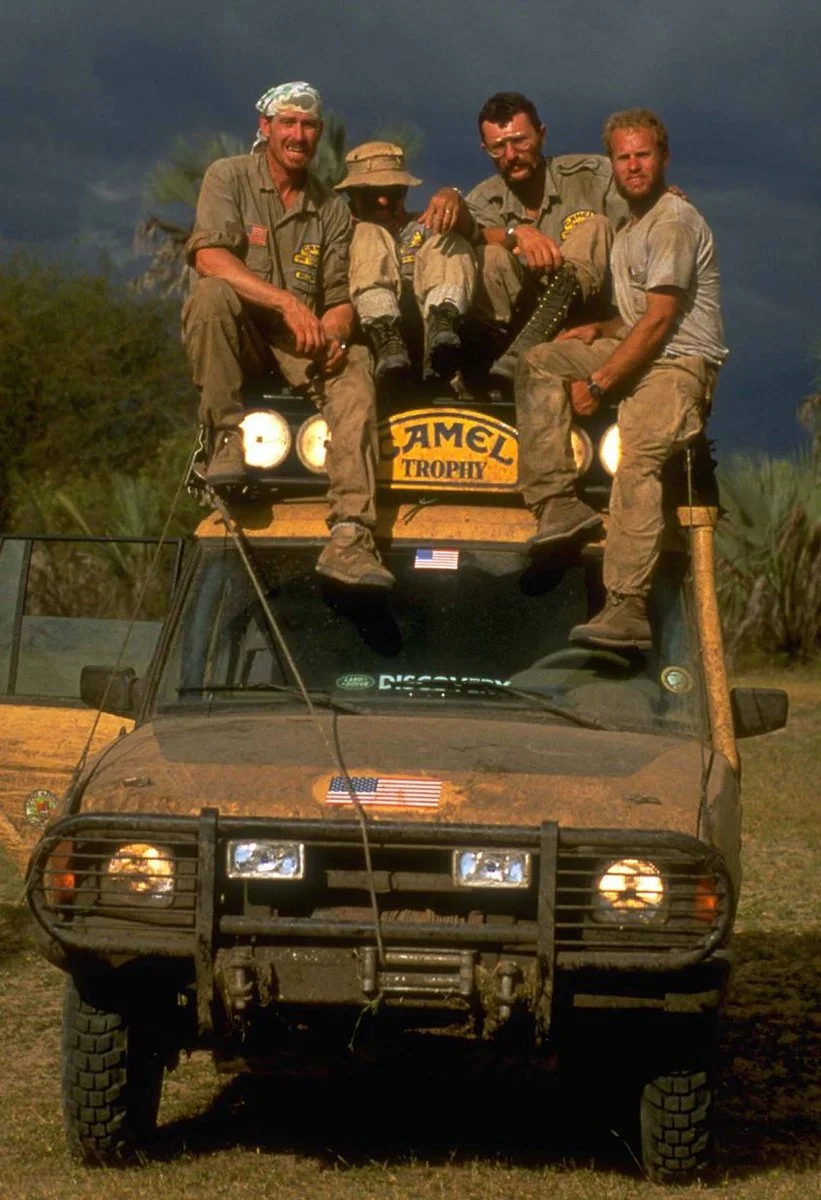 Robert Young Pelton (third from left) and the four man team at the end of the 1991 Camel Trophy in  Bujumbura, Burundi at the Ruzisi National Park ©RYP, all rights reserved

