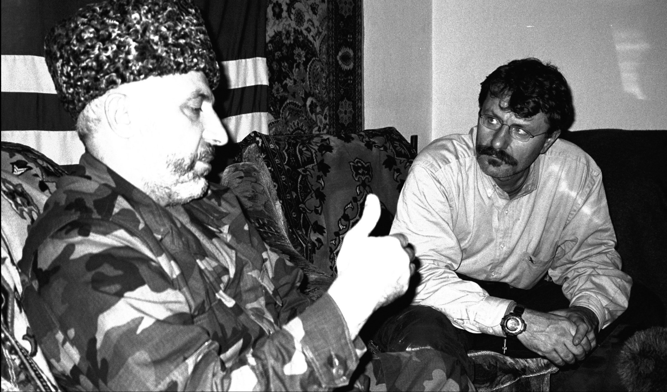 Robert Young Pelton interviews President Aslan Maskhadov in Shali, Chechnya during the second siege in 1999/2001 ©RYP, all rights reserved