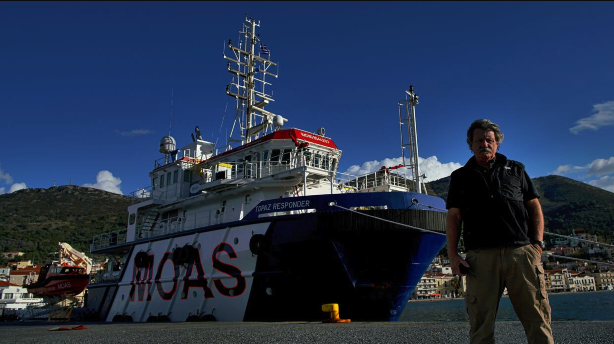 Robert Young Pelton on board the Topaz Responder the MOAS rescue ship active in the Aegean during the winter of 2016. ©RYP, all rights reserved