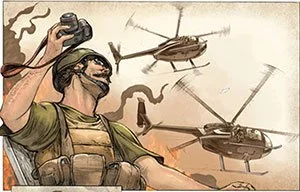 Soldier in military gear aiming a rifle, with helicopters flying in the background.