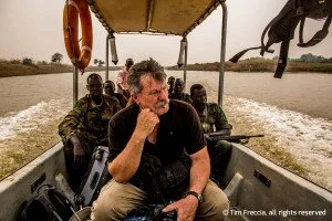 Robert Young Pelton heading to the fighting in Malakal, South Sudan. Part of a major VICE event in which Pelton wrote th entire issue of the magazine, created a web event and a documentary on the implosion of the new nation. ©Tim Frecc rights reserve