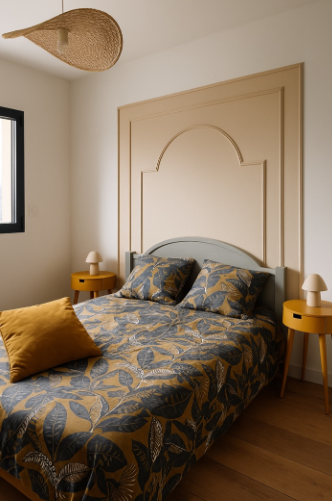 Chambre avec lit double, oreillers à motifs, deux tables de chevet jaunes avec lampes, panneau décoratif sur le mur, fenêtre, lampe suspendue en rotin.