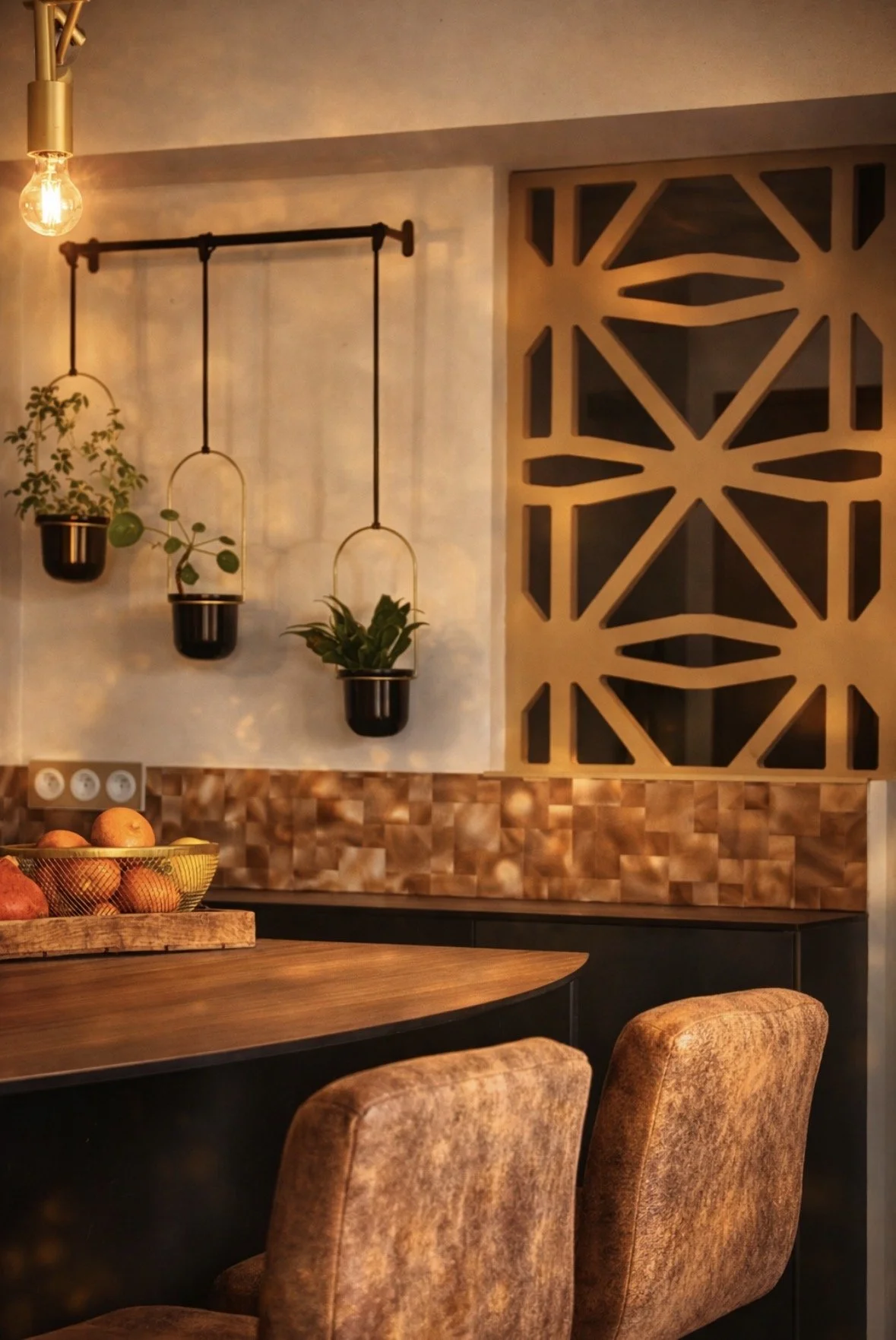 Intérieur d'une cuisine avec trois plantes en pots suspendus, un luminaire suspendu avec une ampoule visible, un meuble de cuisine en arrière-plan et des chaises en velours brun clair autour d'une table en bois.