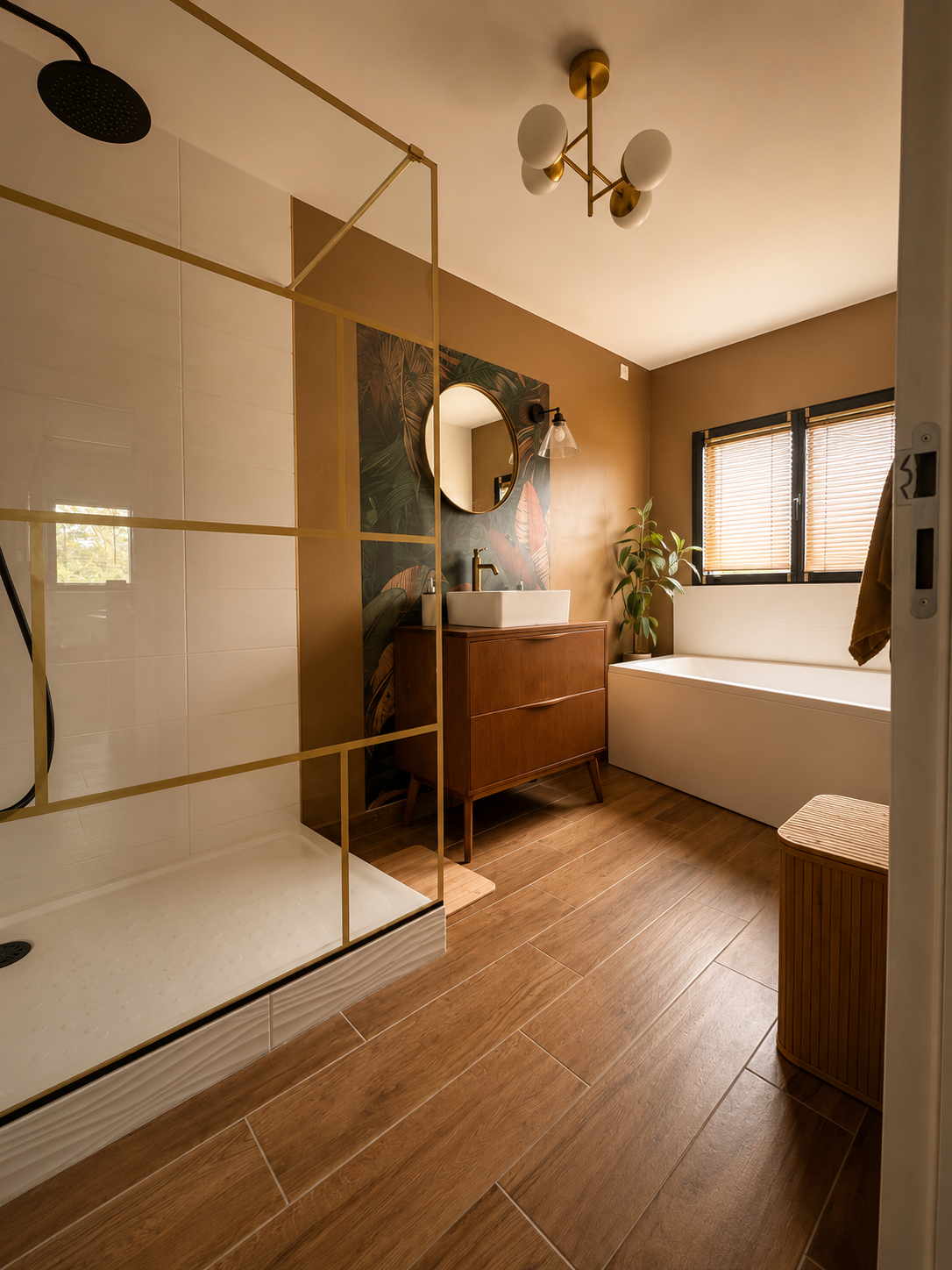Salle de bain moderne avec un espace de douche, un meuble en bois avec un lavabo blanc, un miroir rond, une plante verte, une baignoire blanche, et des fenêtres avec stores en bois.