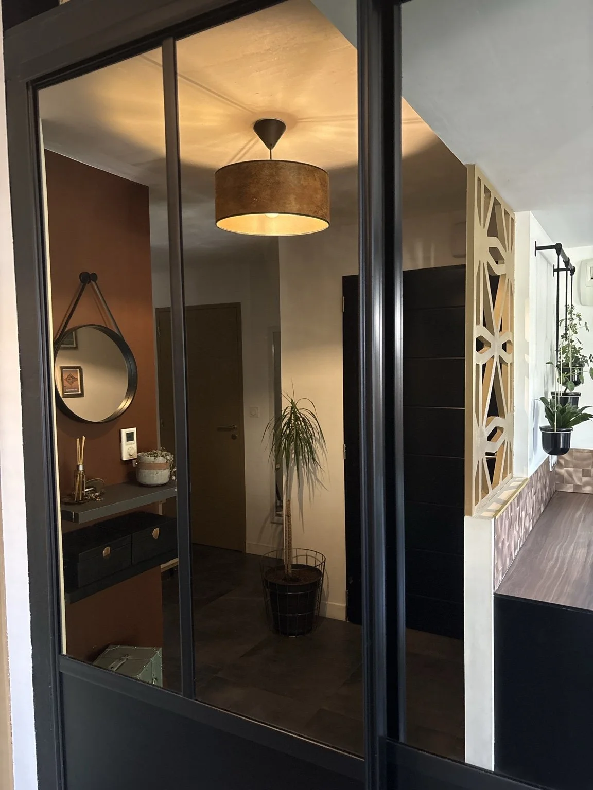 vue intérieure d'une entrée d'appartement ou de maison avec une lumière suspendue, un miroir rond, une plante en pot, et une séparation décorative.