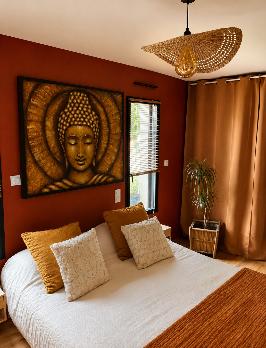 Chambre avec un tableau de Bouddha en or, des coussins beige et marron, une plante verte, rideaux en coton beige, un lampadaire suspendu avec abat-jour en rotin, et une fenêtre avec stores en bois.