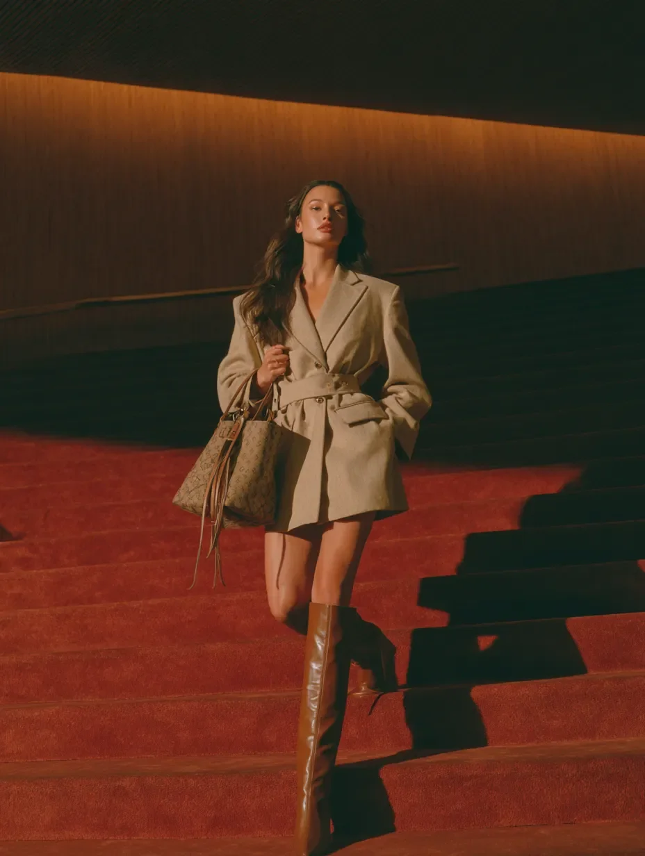 A woman wearing a beige trench coat and brown knee-high boots walking down red-carpeted stairs in a dimly lit setting.