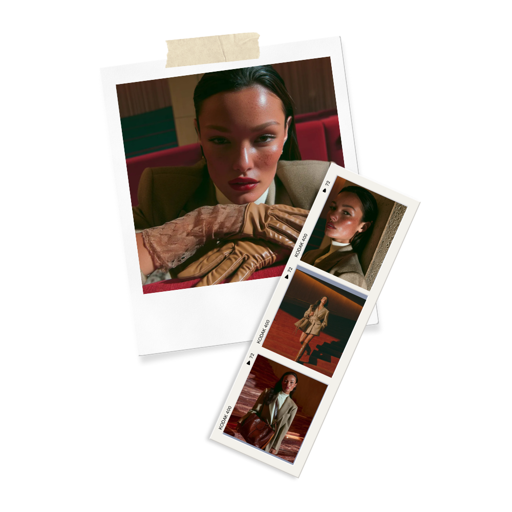 Polaroid photos of a woman with dark hair and makeup, posing in various settings, including an indoor space and a staircase, with a black background and colorful abstract shapes.