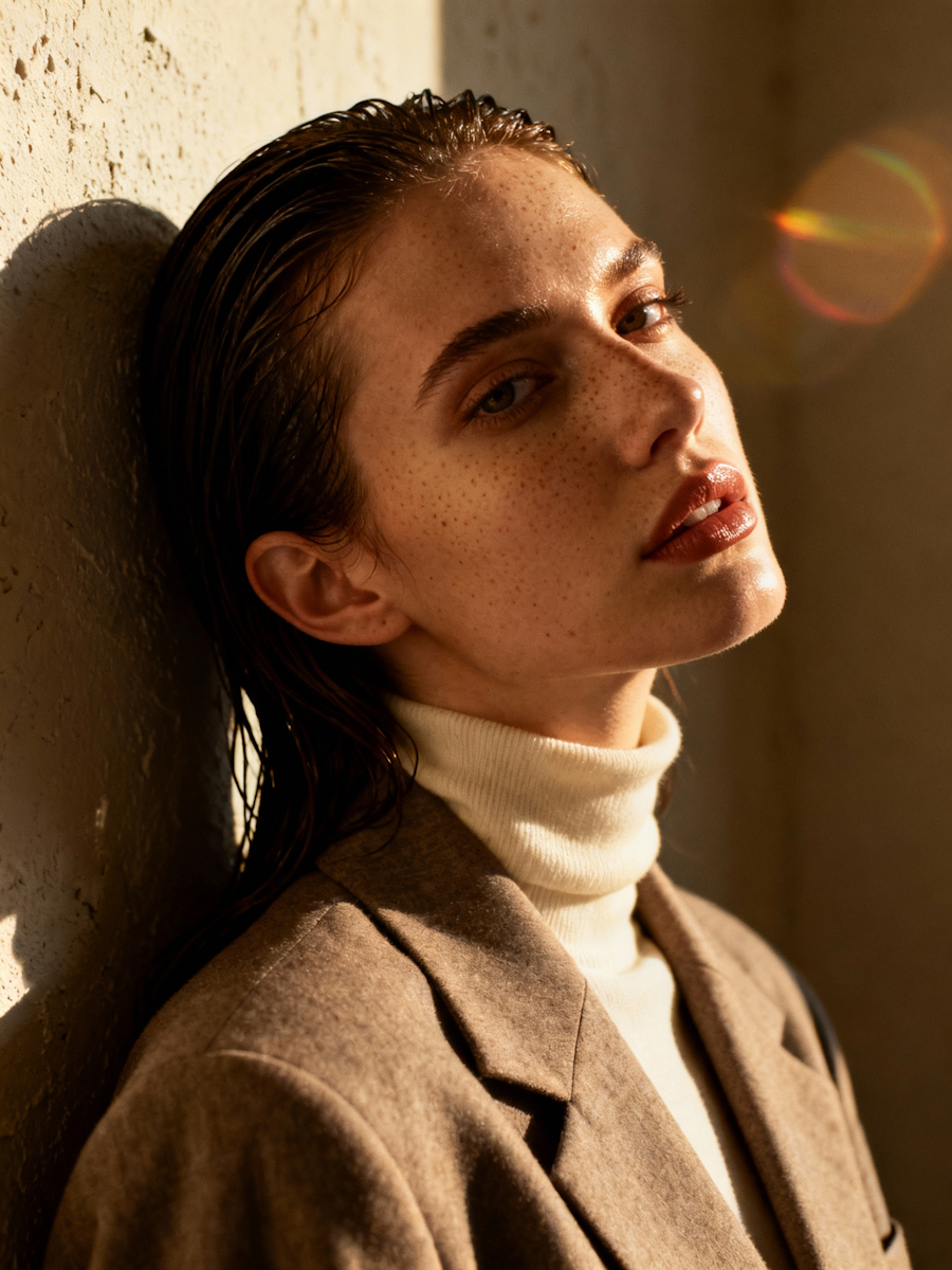 A woman with wet brown hair and freckles leaning against a wall, wearing a beige coat and white turtleneck, with sunlight creating a lens flare.
