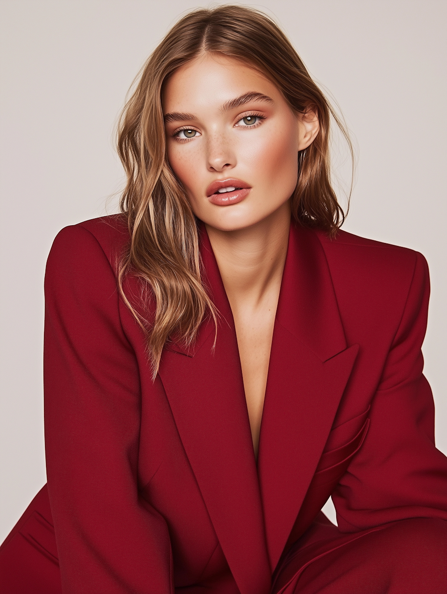 A woman with wavy light brown hair wearing a red blazer, sitting in front of a neutral background.