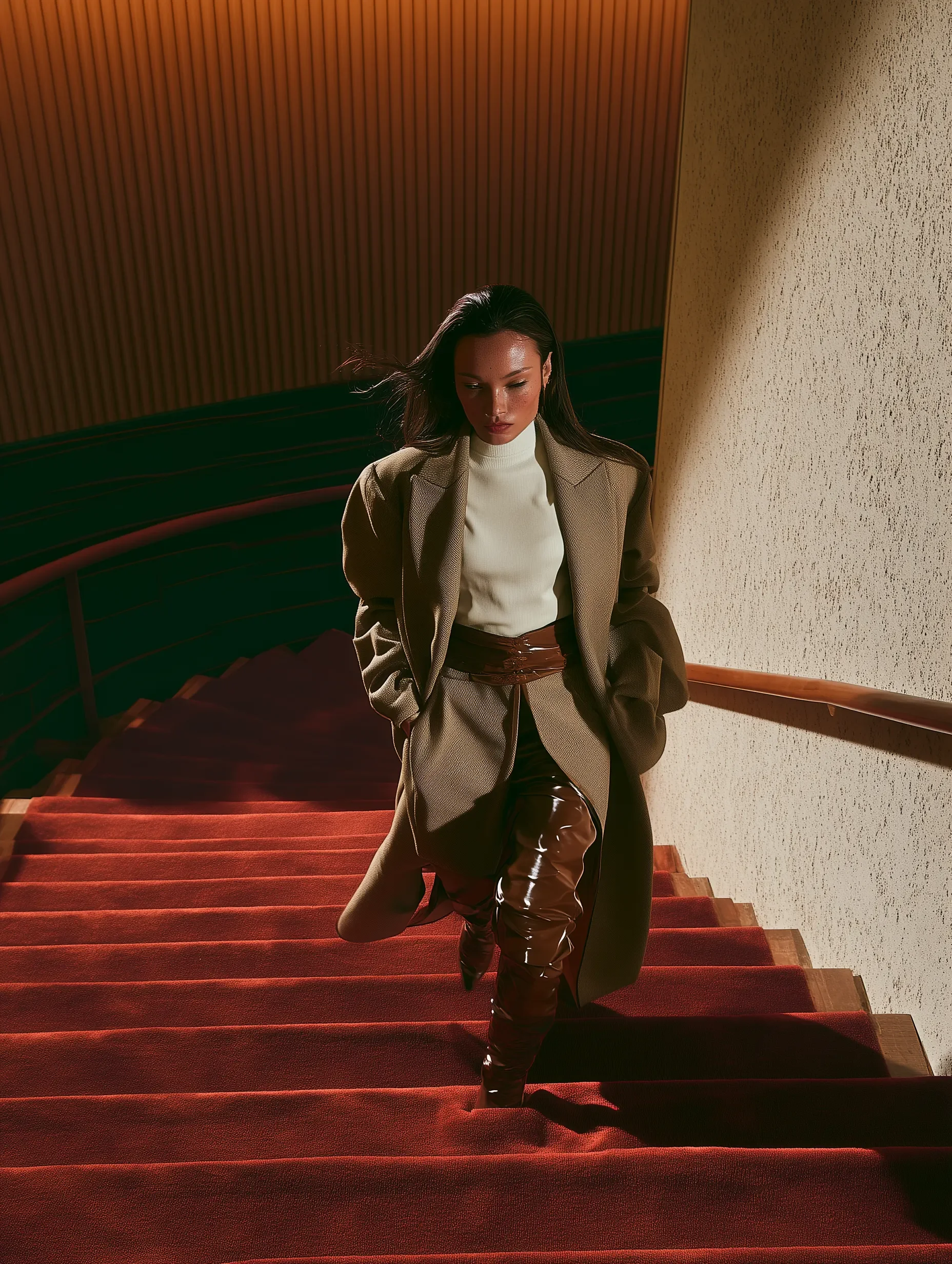 A woman with dark hair, wearing shiny black thigh-high boots, a white turtleneck, and a beige blazer, sits on a red-carpeted staircase with a curved green railing, looking downward.