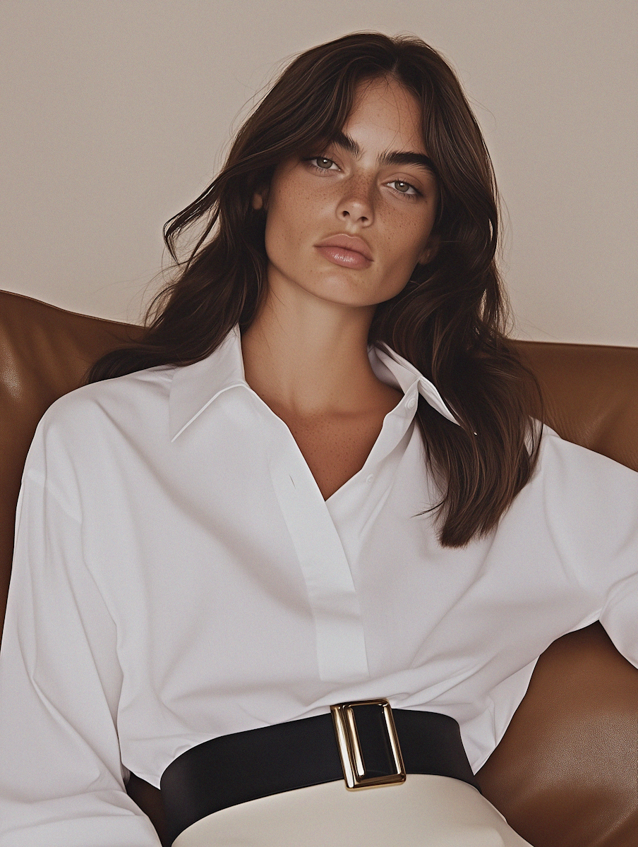 A woman with long, wavy brown hair, light skin, and freckles, sitting on a brown leather couch, wearing a white button-up shirt and a black belt with a large gold buckle.