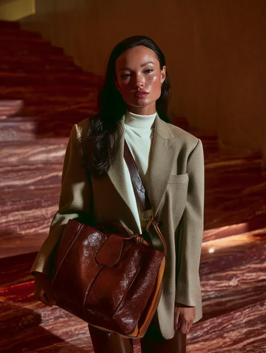 A woman with long dark hair standing indoors, wearing a beige blazer over a white top, carrying a large brown glossy handbag, with a wooden staircase in the background.