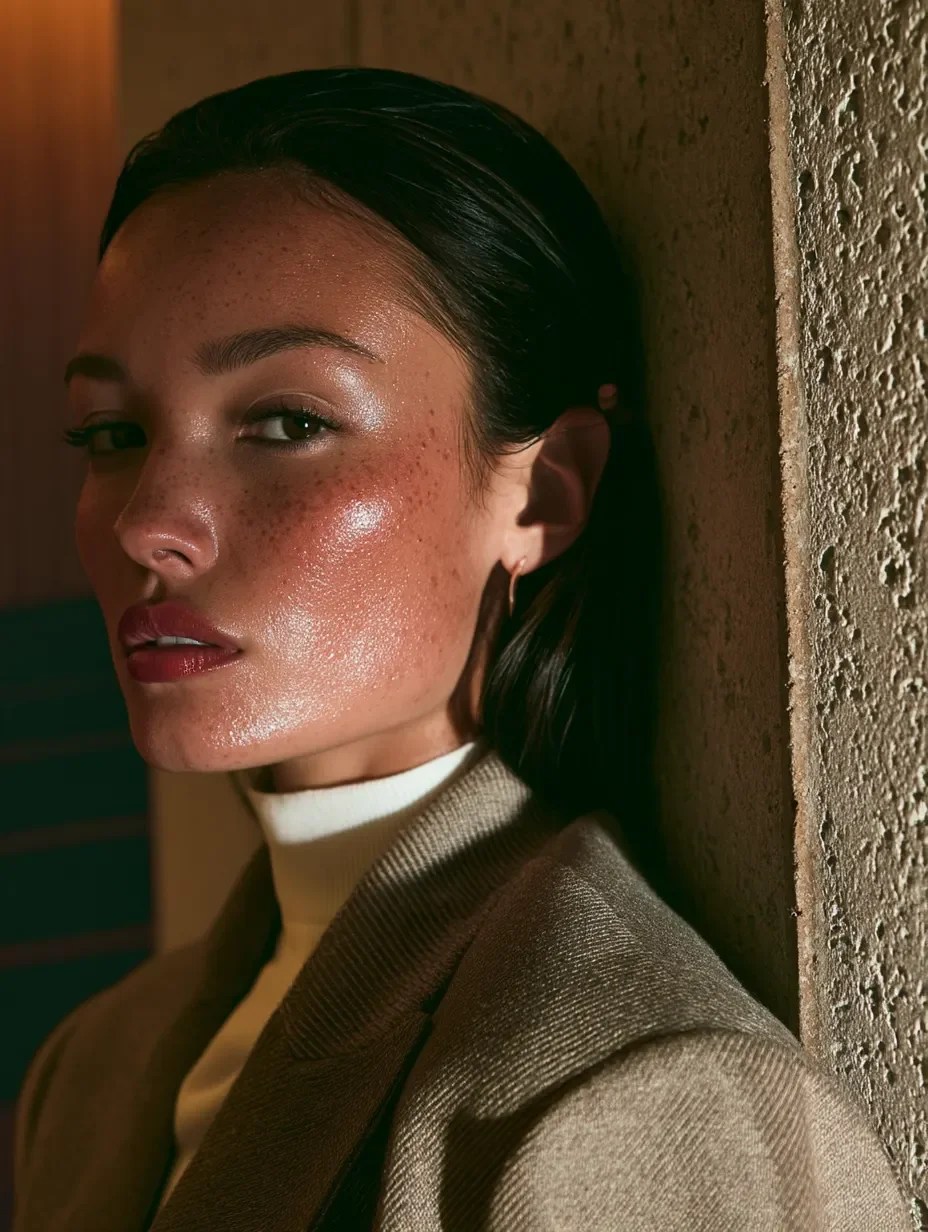 Close-up of a woman with dark hair, freckles, and shiny skin leaning against a textured wall, wearing a beige blazer and a white turtleneck.