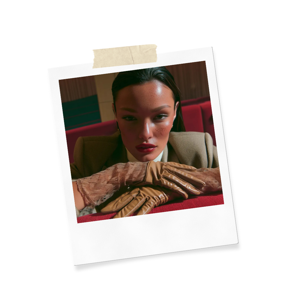 Polaroid photo of a woman with dark hair and freckles resting her chin on her arms, wearing beige gloves and a beige blazer, in a retro diner setting with red booths in the background.