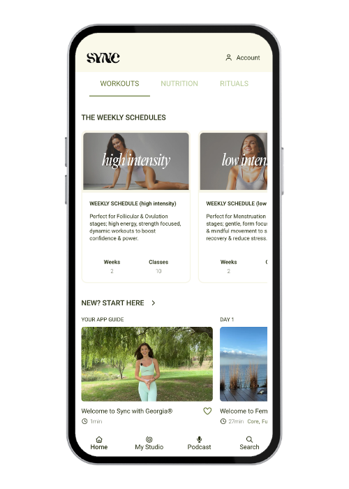 Mobile phone displaying a fitness app with weekly schedules for high and low intensity workouts, a section for beginners with a photo of a woman practicing yoga outdoors, and navigation icons at the bottom for Home, My Studio, Podcast, and Search.