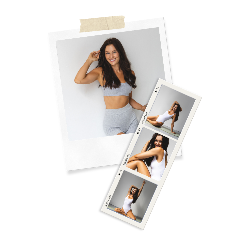 A woman smiling and posing in workout clothes on a plain background, with photos of her in different poses on a strips of film and a pair of photos of her in a white outfit on a plain wall.