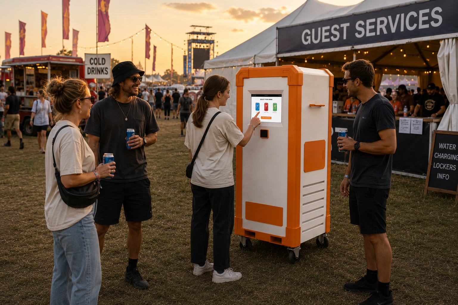 Four people at a festival gather around a portable battery-powered vending machine for cold drinks, with a tent labelled 'Guest Services' in the background, and others walking around during sunset.