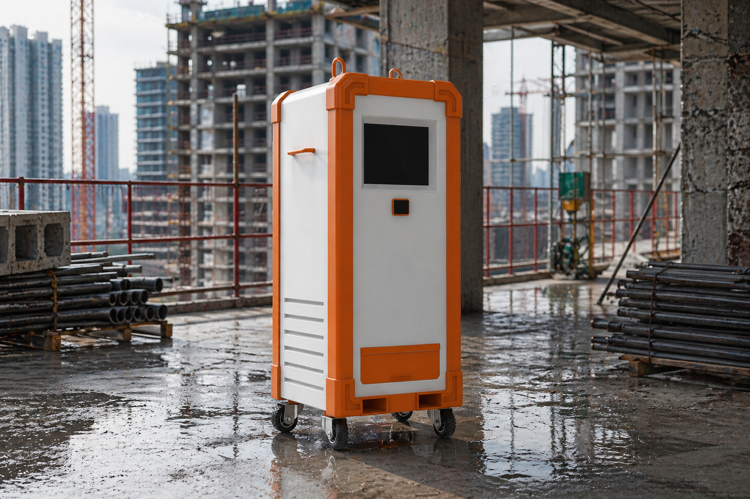 A portable battery-powered vending machine on wheels at a construction site with high-rise buildings in the background.