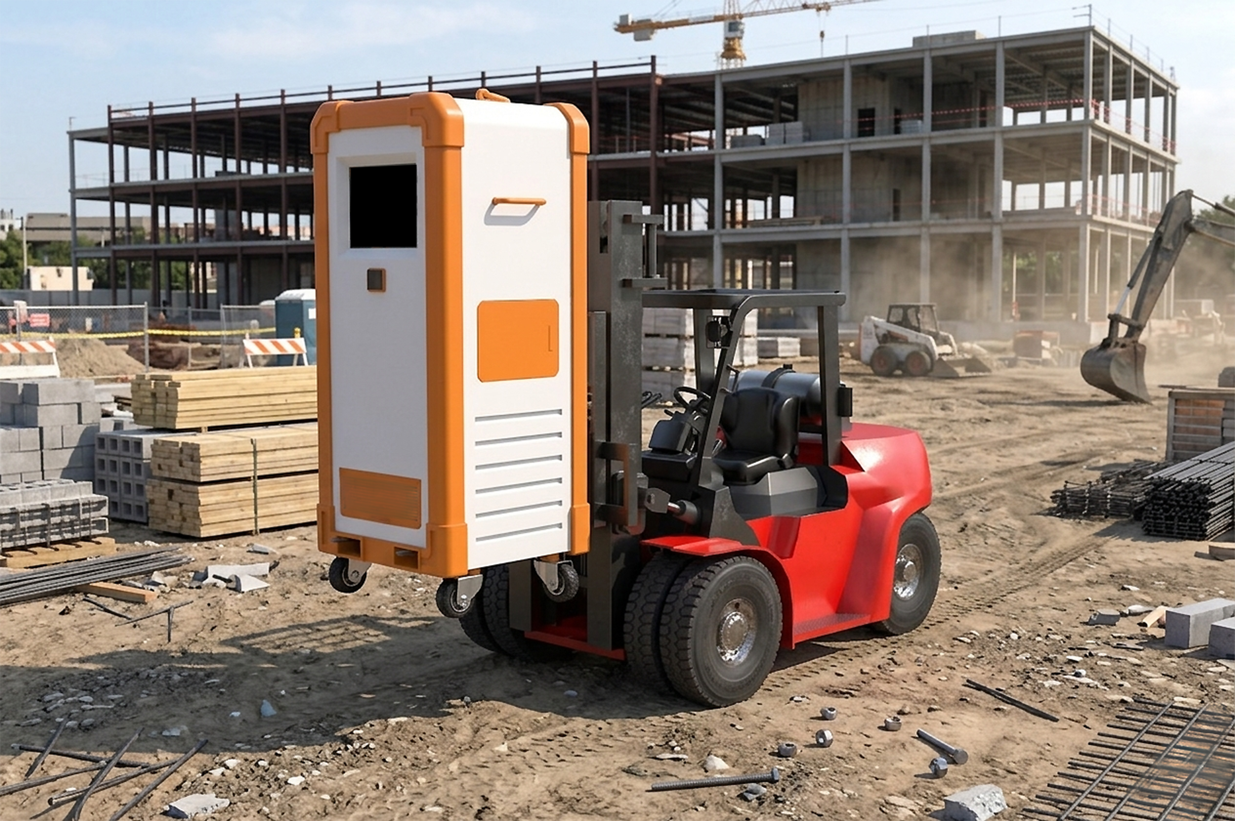 Construction site with a forklift holding a portable battery-powered vending machine in the foreground, multiple unfinished buildings, construction equipment, and materials in the background.