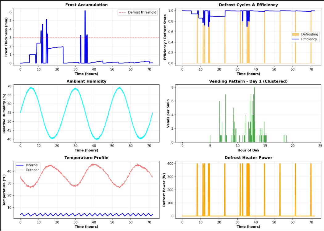 Graphs displaying frost accumulation, defrost cycles and efficiency, ambient humidity, vending pattern, temperature profile, and defrost heater power over time.