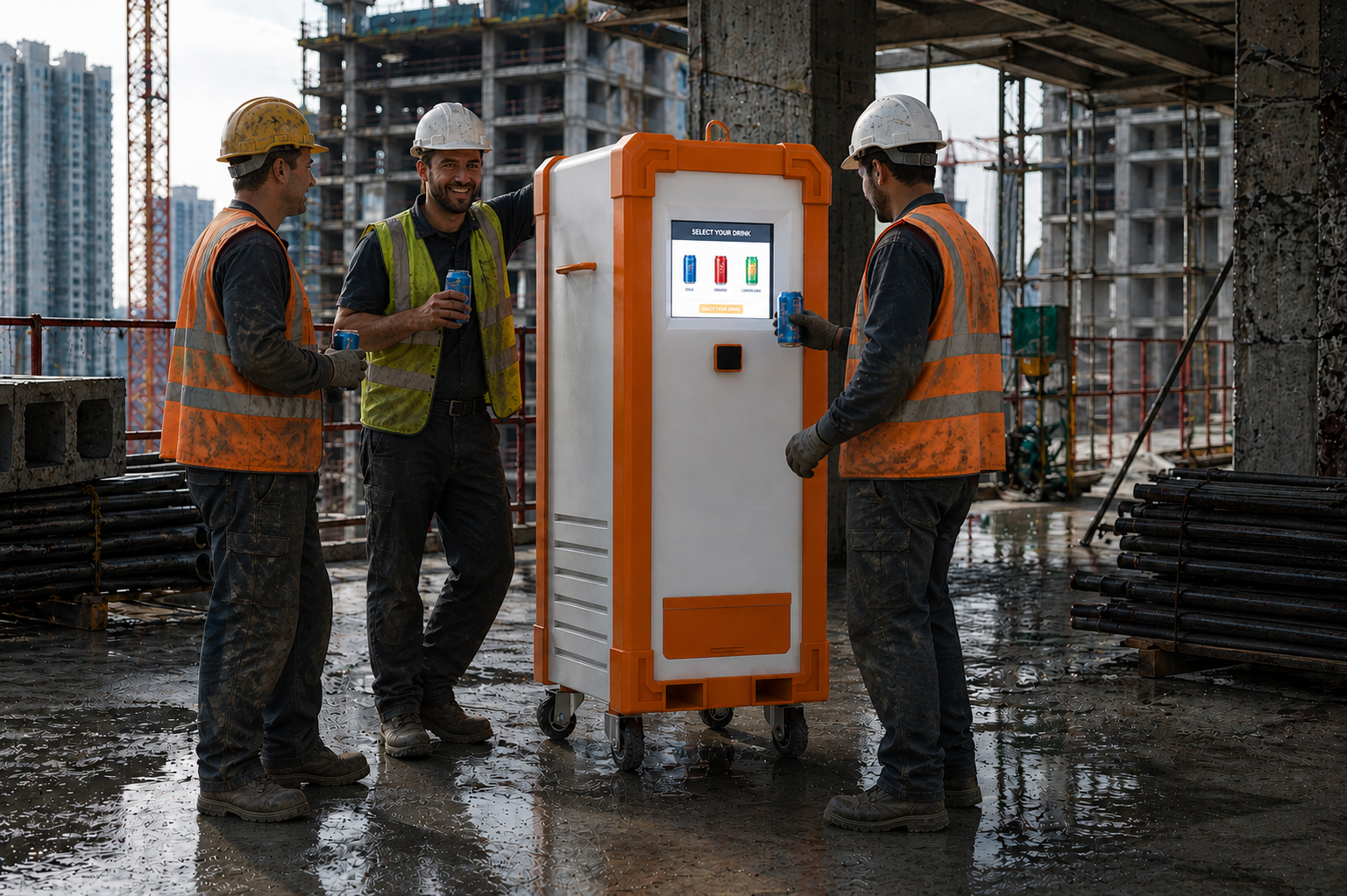 Three construction workers in safety vests and helmets are standing around a beverage vending machine on a construction site with high-rise buildings in the background. They are holding cans and smiling.