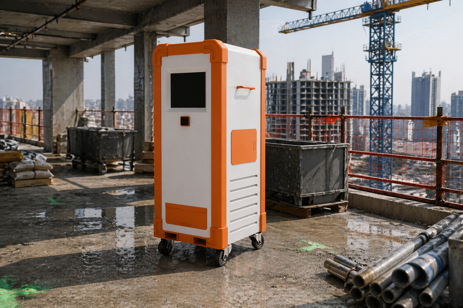 An portable battery-powered vending machine on a construction site with scaffolding, construction materials, and city buildings in the background.