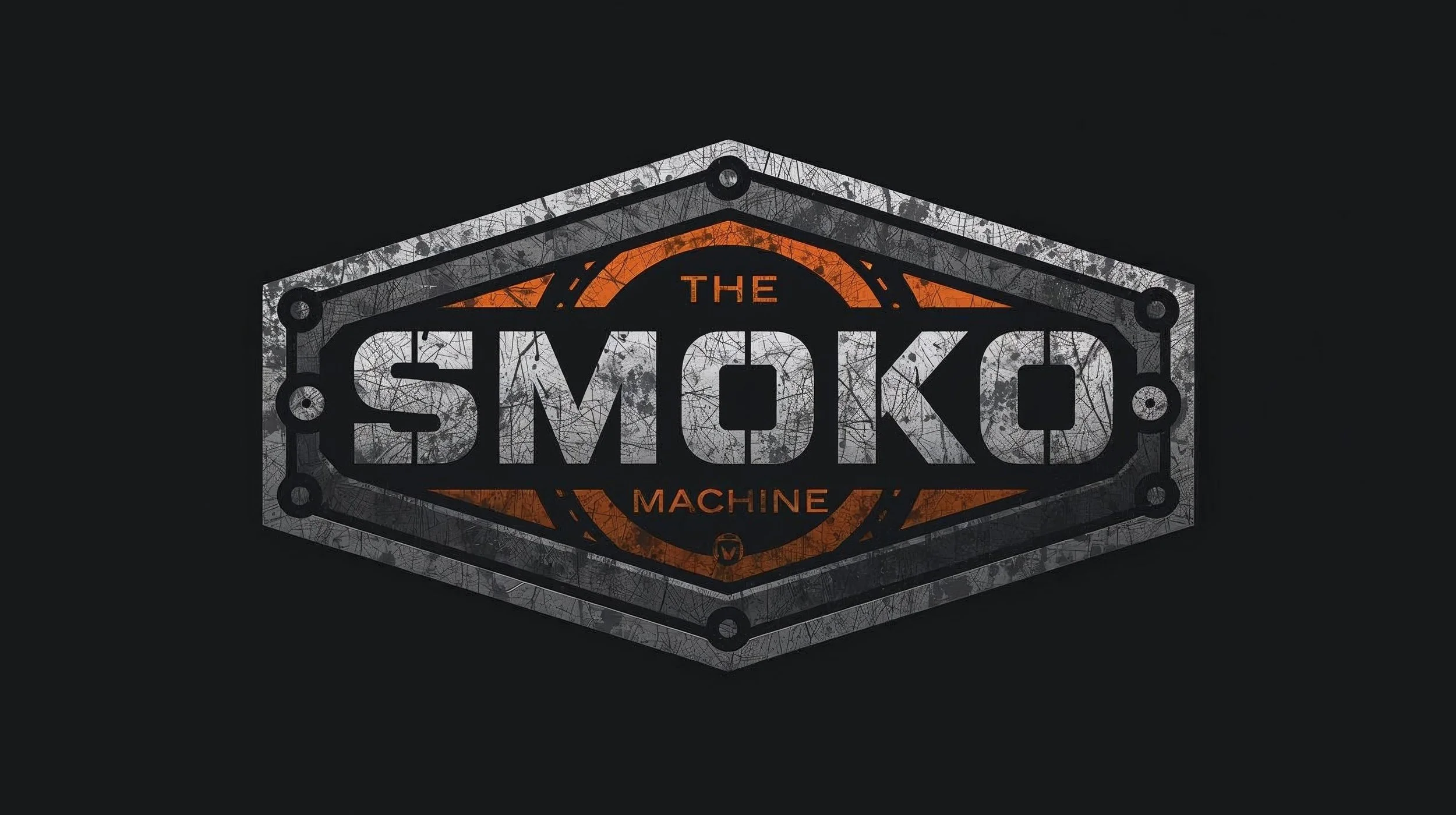 Logo of The Smok Machine with a distressed metal design and orange accents, set against a black background.