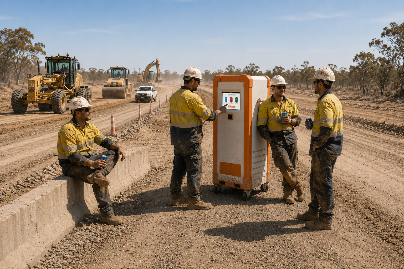 Construction workers taking a break and talking near a portable battery-powered vending machine on a dusty road at a construction site with heavy machinery in the background.