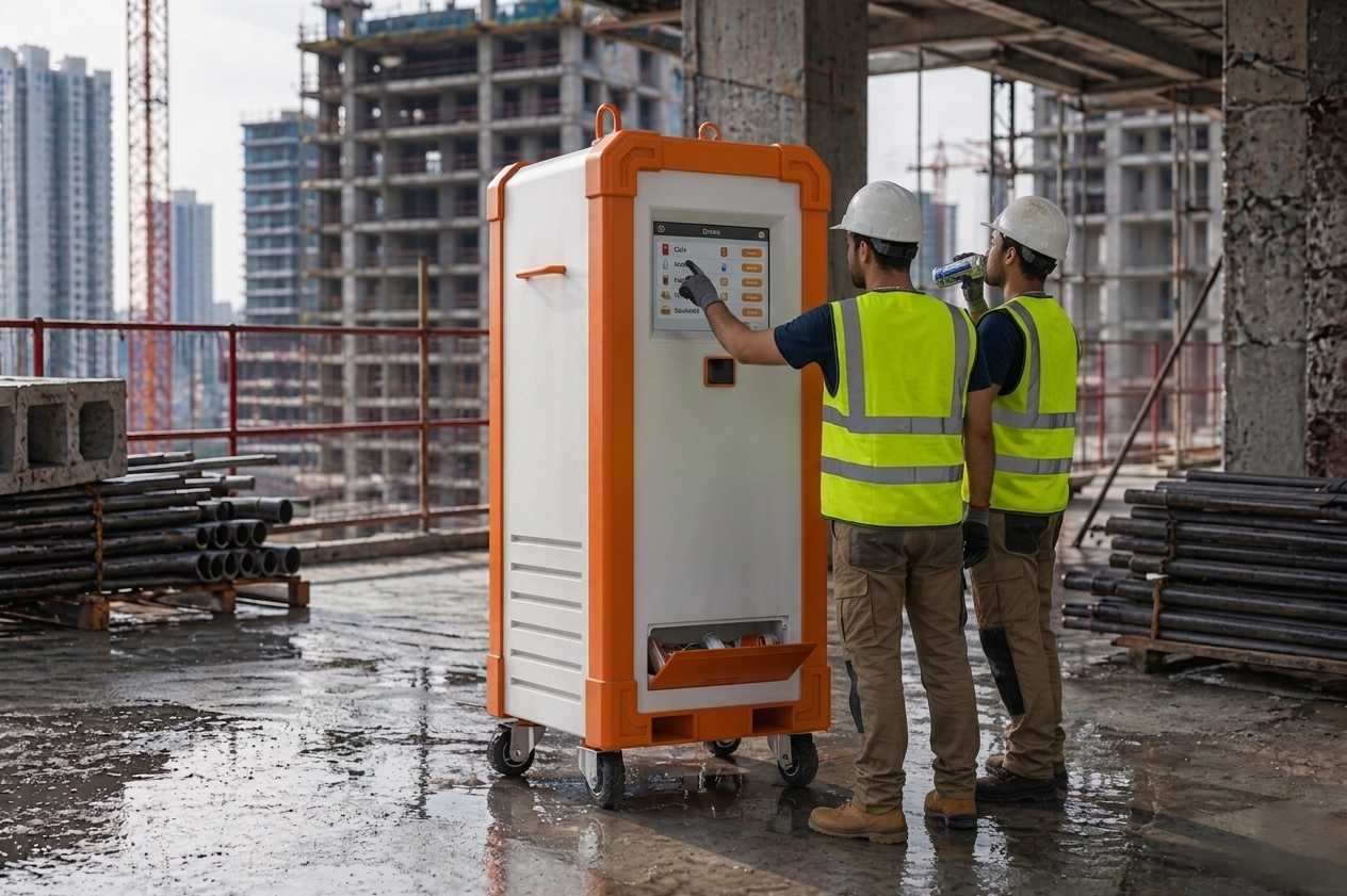 Two construction workers wearing yellow safety vests and white hard hats are using a touchscreen on a portable battery-powered vending machine to select a snack on a construction site with high-rise buildings under construction in the background.