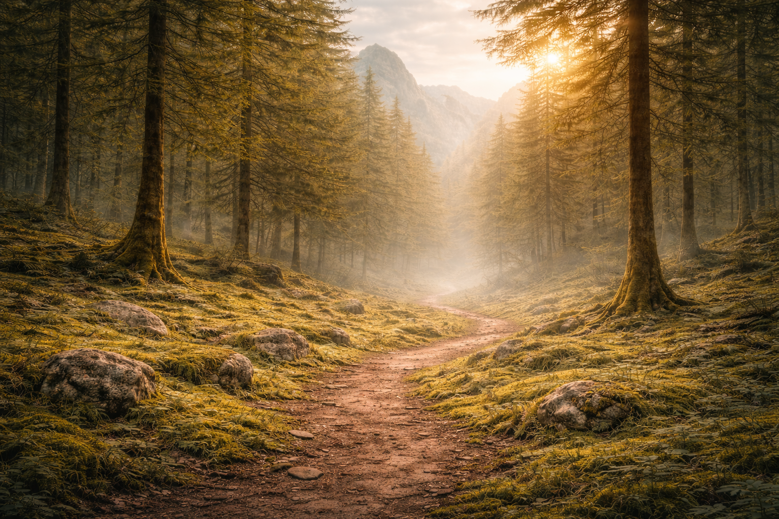 Sunlight filters through tall pine trees along a winding forest trail covered with moss, rocks, and fallen leaves.
