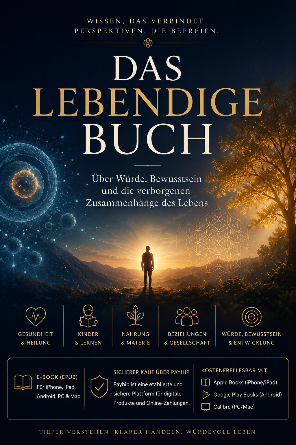 Book cover titled "Das Lebendige Buch" with a silhouette of a person looking at a sunset, surrounded by symbolic icons representing health, children, food, relationships, and personal development. Contains text about the book's content and format, including e-book and secure online purchase options.