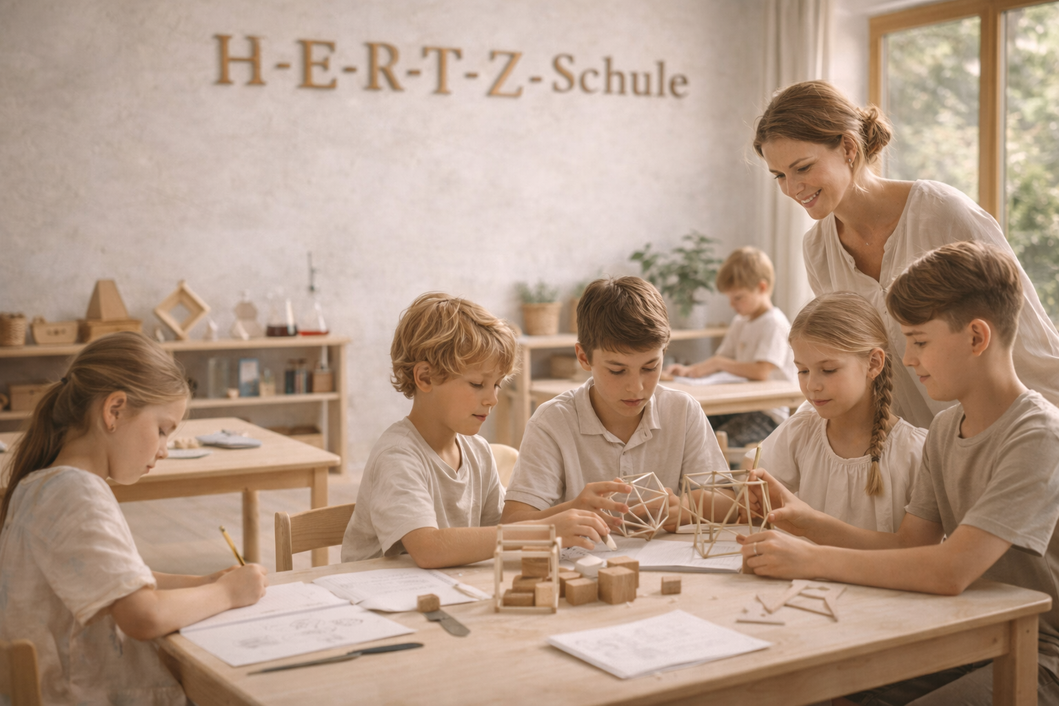 Children in a classroom working on geometric models at a wooden table, with a teacher supervising, in a bright room.