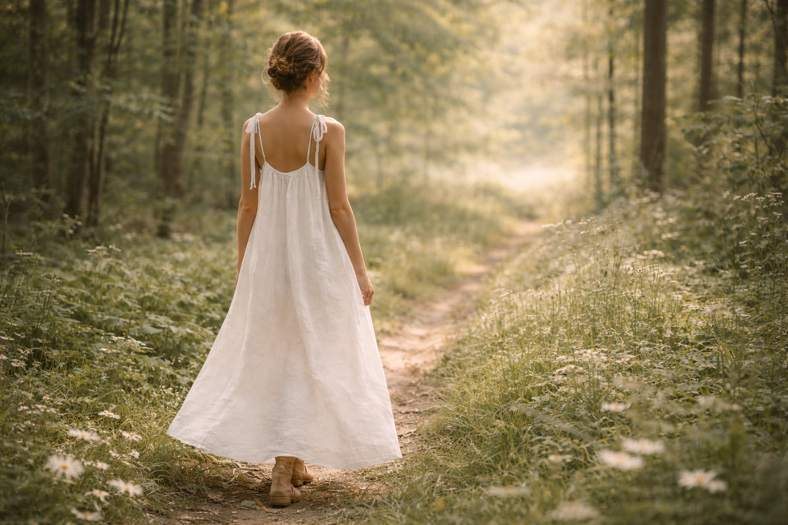 A woman in a white dress walking along a forest path during daytime.