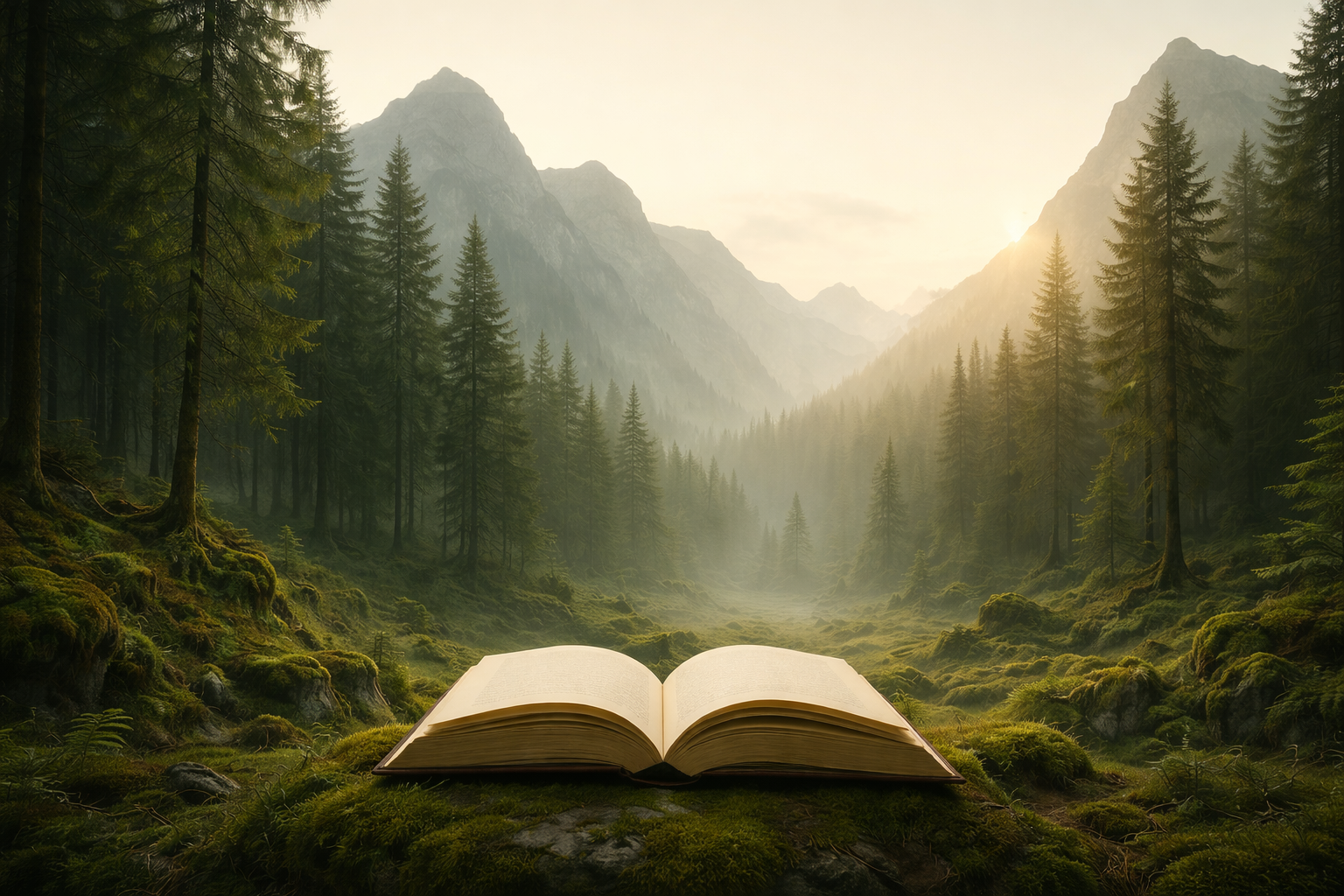 Open book on mossy ground in a lush green forest with tall pine trees and mountains in the background under sunlight.